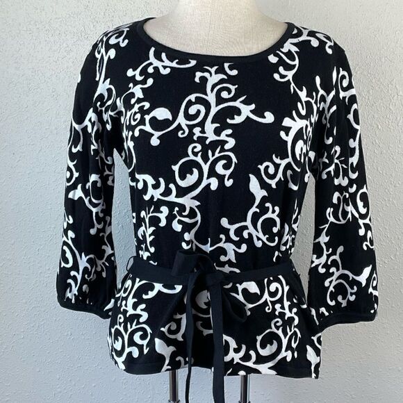 EUC Lifestyle Attitude By Larry Levine Black and White Tie 3/4 Sleeve Blouse L - Picture 1 of 5